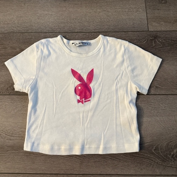 Y2k original Playboy White Tee with Pink Bunny Logo baby tee - Picture 2 of 5